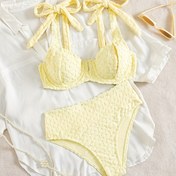 Resim 25SS Yaz Ortası Trendi Sevimli Açık Sarı Bikini Takımı Ayarlanabilir Omuz Askılı Üst ve Modaya Uygun Yüksek Bel Alt Parça ile Özel Kumaş Şık Çiçek Desenli 