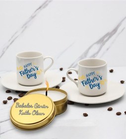 Resim Happy Father's Day Baskılı 2'li Türk Kahve Fincanı & Metal Mum Hediye Seti Babalar Gününe Özel Hediye B3 