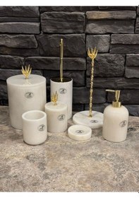 Resim Beyaz Mermer Gold Zeytin Dalı Aksesuarlı 7'li Banyo Seti Beyaz 