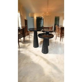 Resim Siyah Renk Ahşap Mantar Sehpa 3lü Set Doğal Zigon Fiskos Sehpa Takımı 