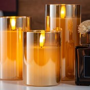 Resim 3 Adet Altın Renkli LED Titreşimli Mum, Pil ile Çalışan 3D Fitilli Sütun Mumlara, Gerçek Balmumu Sıcak Beyaz Işıklı Romantik Ortam ve Festival Düğün Noel Ev Dekoru (Piller Dahil Değildir) 