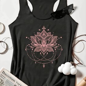 Resim Kadınlar için rahat kolsuz lotus desenli tank top - Siyah, detaylı altın desenli, yazlık, rahat fitli tank top | Çiçek desenli üst | Rahat fitli üst 