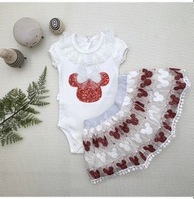 Resim 1-2-3 Yaş Payetli Mickey Nakışlı Kısa Kollu Brode Etekli 2li Kız Bebek Takımı Kırmızı Kırmızı 