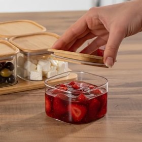Resim Porsima HF009009 Kare 4lü Hava Geçirmez Bambu Standlı Cam Kahvaltılık Seti Bambu Kapaklı Saklama Kabı 250ml 