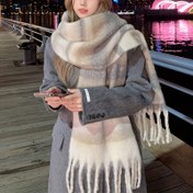 Resim 1 adet Şık Bayan Kışlık Sıcak Eşarp - %100 Polyester Taklit Yün, Püsküllü Kalın Örgü Şal, Nefes Alabilir ve Esnemez, Açık Hava İçin İdeal 