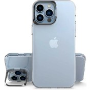 Resim Nevarium iPhone 14 Pro Kılıf Şeffaf Lens Metal Standlı Skuba Silikon 