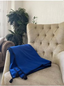 Resim Püsküllü Çoban Dikişli Tek Kişilik Polar Battaniye 150x180 Cm Mavi 