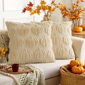 Resim 2 adet Sonbahar Kabak Atma Yastık Kılıfları - Yumuşak Pluş Jakar, Fermuar Kapatma, Bej ile Turuncu Kabak Tasarımı, 45.72x45.72cm/30.48x50.8cm/50.8x50.8cm - Koltuk ve Yatak Odası için Rahat Sonbahar Dekoru, Çiftlik Tarzı, Tatil Ev Aksesuarları, Dekoratif Yastıklar 
