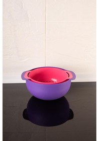 Resim Makarna, Sebze, Meyve Yıkama Süzgeci Badyalı - 5 Litre Karıştırma Kabı Çok Amaçlı İkili Set 26 Cm Mor 