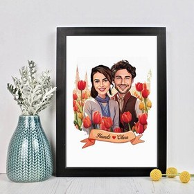 Resim Kırmızı Laleler ve Aşkımız Karikatürlü Çerçeve 