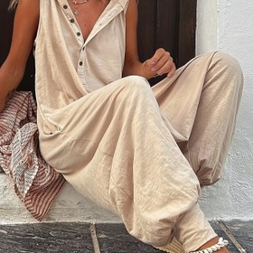 Resim Niannian Kadın Kolsuz Kapüşonlu Uzun Tulum - Gevşek Kesim Düğmeli Ön Rahat Tulum Elastik Ayak Bileği Manşetleri ile, Makinede Yıkanabilir Bordo Düz Renk Tüm Sezonlar İçin 