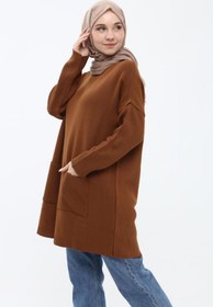 Resim ilmek Kadın Taba Çift Cepli Tesettür Uzun Tesettür Triko Tunik 4305 