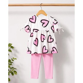 Resim Durukoza Kız Çocuk Kalp Desenli Tunik Tayt Takım Pembe Beyaz Günlük Takım 4-8 Yaş 