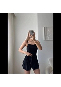 Resim Tatya Kadın Straplez Mini Etek Görünümlü Şortlu Elbise Büzgülü Şık Yazlık - Siyah 