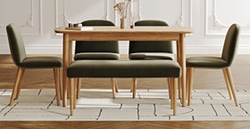 Resim Lyno 77x140 Sabit Yemek Masası Takımı (Roa Bench & 4 Venn Sandalye) - Performans Keten - Retro Bej / Açık 