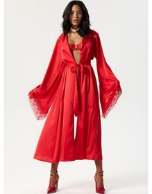 Resim Eclatant Kırmızı Dantelli Uzun Saten Sabahlık / Kimono Kırmızı 