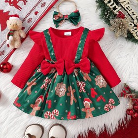 Resim Kızlar İçin 2 Parça Noel Seti: Kar Tanesi, Şeker Kamışı ve Zencefilli Kurabiye Desenli, Çift Fiyonklu ve Saç Lastikli Yapay İki Parçalı Elbise 