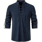 Resim Novahub Yeni Erkek Rahat Bluz Pamuk Keten Gömlek Uzun Kollu Tee Gömlek Tops Bahar Sonbahar Eğimli Pat Vintage Yoga Gömlek Lacivert - 2xl Lacivert 