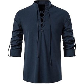 Resim Novahub Yeni Erkek Rahat Bluz Pamuk Keten Gömlek Uzun Kollu Tee Gömlek Tops Bahar Sonbahar Eğimli Pat Vintage Yoga Gömlek Lacivert - 2xl Lacivert 