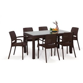 Resim Rattan Camlı Lüx Kahve Masa Takımı 90x150 Dikdörtgen Masa+6 Sandalye Bahçe Balkon Teras Kahve 