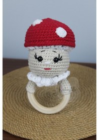 Resim Aleylife Amigurumi Organik Mantar Çıngırak Diş Kaşıyıcı Bej - Kırmızı 