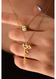 Resim Papatya Silver 925 Ayar Gümüş Altın Kaplama Sıvama Tektaş ve Bitanem Yazılı Asansörlü Kolye 