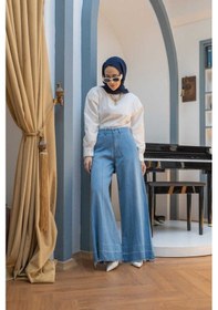 Resim 1166-parçalı Denim Bol Paça Pantolon Mavi Mavi 