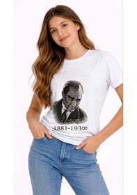 Resim Barlashive Kız Çocuk Atatürk Baskılı Tişört Kısa Kollu Bisiklet Yaka T-shirt - Beyaz Çok Renkli 