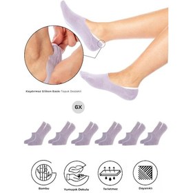 Resim Saysez Bambu Kadın Babet Lila Çorap Dikişsiz Görünmez Kaydırmaz Topuk Silikonlu Premium 6'lı Paket Renkli 