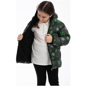Resim Spor Kız Çocuk Dijital Desen Polar Su Ve Rüzgar Geçirmez Kapüşonlu Şişme Kışlık Mont-199 YESIL 
