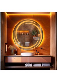 Resim Flux Amber Led'li Lazer Kumlamalı Lavabo & Banyo Aynası Dokunmatik Sensörlü 80 X 80 Turuncu 