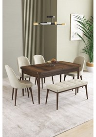 Resim Ikon Barok Desen 80x132 Mdf Açılabilir Yemek Masası Takımı 4 Sandalye, 1 Bench Krem 
