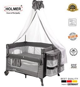 Resim Holmer Maxi Comfort Coolstyle 70x110 CM Anne Yanı Deluxe Kumaş Cibinlikli Gri Oyun Parkı 