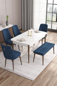 Resim Canisa Are Serisi Mdf 80x132 Açılabilir Beyaz Masa Ceviz Ayak Masa Takımı 4 Lacivert Sandalye Gold Halkalı 