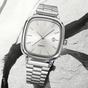 Resim 1 Adet Minimalist Kuvars Saat Tarih Göstergeli - Siyah & Beyaz Kadran, Paslanmaz Çelik Bant, Çinko Alaşım Kasa, Pil ile Çalışan, Seyahat, Ofis veya Hediye için Mükemmel, Şık Tasarım, Dayanıklı Kayış 