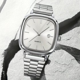 Resim 1 Adet Minimalist Kuvars Saat Tarih Göstergeli - Siyah & Beyaz Kadran, Paslanmaz Çelik Bant, Çinko Alaşım Kasa, Pil ile Çalışan, Seyahat, Ofis veya Hediye için Mükemmel, Şık Tasarım, Dayanıklı Kayış 