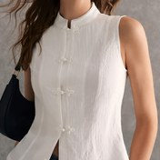 Resim Kadınlar İçin Şık Kolsuz Gömlek - Dik Yaka Kısa Boy Dekoratif Düğmeli, Premium Kumaş, Makinede Yıkanabilir, Günlük ve Resmi Giyim için Çok Yönlü, İlkbahar Yaz Sonbahar Mevsimi, Crop Top Bluz, Minimalist Moda, Kaliteli Yapım, Düğme Ön, Stil Gardrop, Ofis Kıyafeti, Dayanıklı Malzeme, Düğmeli Bluz, Yetişkin Giysi 