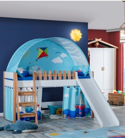 Resim Benimodam My House Çocuk Odası Montessori Takımı Kaydıraklı Karyola Ve Mavi Oyun Evi 