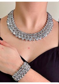 Resim Gümüş Kristal Taşlı Türk El Yapımı Gerdanlık Kolye Ve Bilezik Set Gümüş 