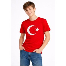 Resim Barlashive Erkek Çocuk Tişört Bisiklet Yaka Ay Yıldız Bayrak Baskılı T-shirt - Kırmızı Çok Renkli 