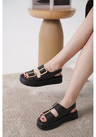 Resim D0893 Günlük Ortopedik Çift Toka Arkadan Lastikli Konforlu Sandalet Siyah 