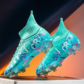 Resim Erkek Yüksek Toplu Futbol Kramponları - Hafif Nefes Alabilen Eğitim ve Maç Ayakkabıları, Kaymaz TPU Çiviler, Canlı Mor ve Siyah Tasarım, Üst ve Astar Tüm Mevsim Açık Hava Futbolu, Spor Ayakkabıları, Spor Hightops, Kumaş Astarlı İç Mekan 