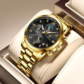 Resim Hanyang Altın Siyah Lıge Erkekler Için Yeni Izle Lüks Altın Moda Kuvars Saat Analog Kronograf Spor Su Geçirmez Paslanmaz Çelik Kol Saati Reloj (Yurt Dışından) 