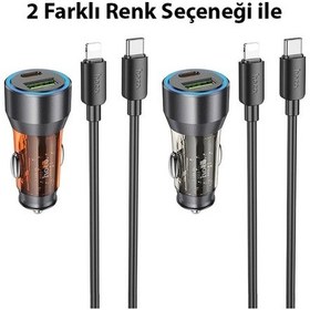 Resim Hoco Nz12a Action Pd43w Usb + Type-c Araç Çakmaklık Hızlı Şarj Aleti + Type-c To Apple iPhone Uyumlu Lightning Ka- 5775 