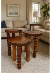 Resim Ahşap Mantar Sehpa 3 Lü Set Fındık Renk Fiskos Sehpa Takımı Kahverengi 