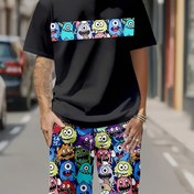 Resim Erkek Rahat Pijama Takımı, Kısa Kollu, Hafif ve Yumuşak Pijamalar, Dışarı Giyilebilir, Elastik Bel Şortları ile. 