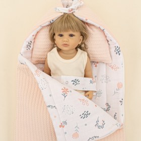 Resim Uyku Tulumu ve Yastık - Somon Örgü - Yeşil Çiçekler 