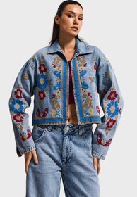 Resim Kadın Kot Rengi 3s6-32 Bol Kesim Özel Nakış Desenli Tasarım Denim Ceket - Kot Rengi / S 