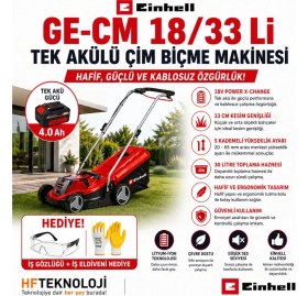 Resim Einhell Ge-Cm 18/33 Li (1X4,0AH), Akülü Çim Biçme Makinesi + Iş Gözlüğü ve Iş Eldiveni Hediye 