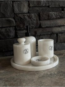 Resim Beyaz Mermer Mat Siyah Pompalı Pamukluk Kendinden Tutmalı 5'li Set Beyaz 